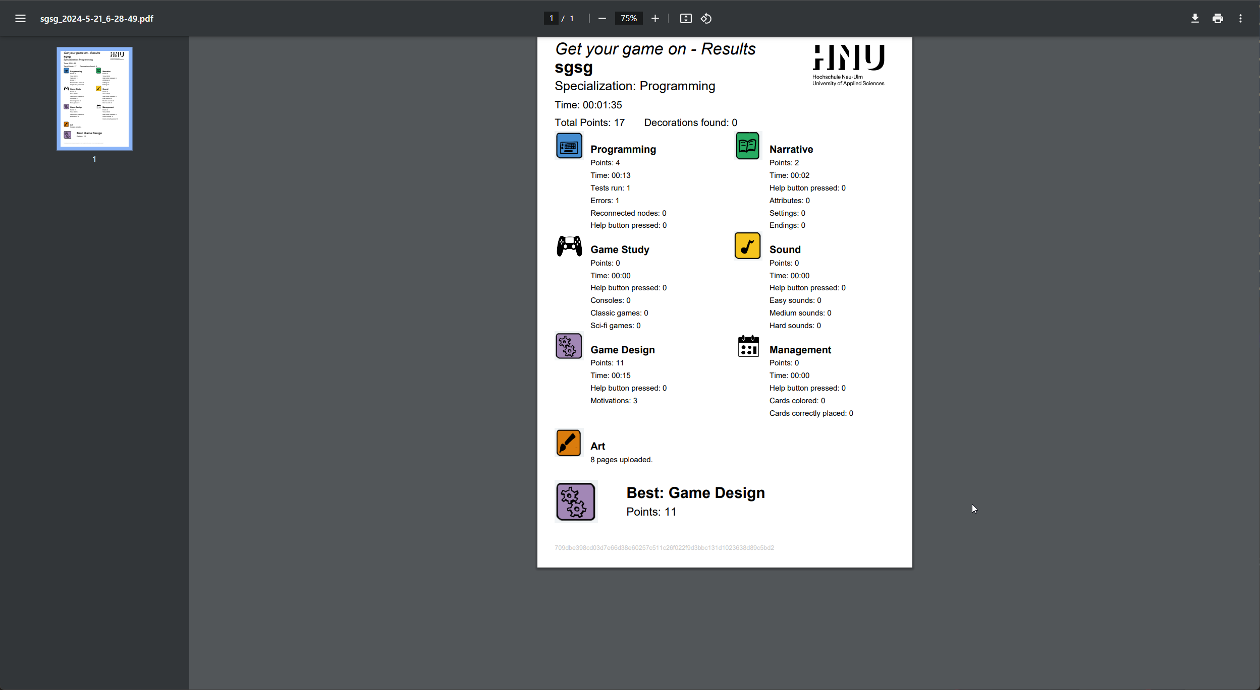 Generated PDF report for Get Your Game On