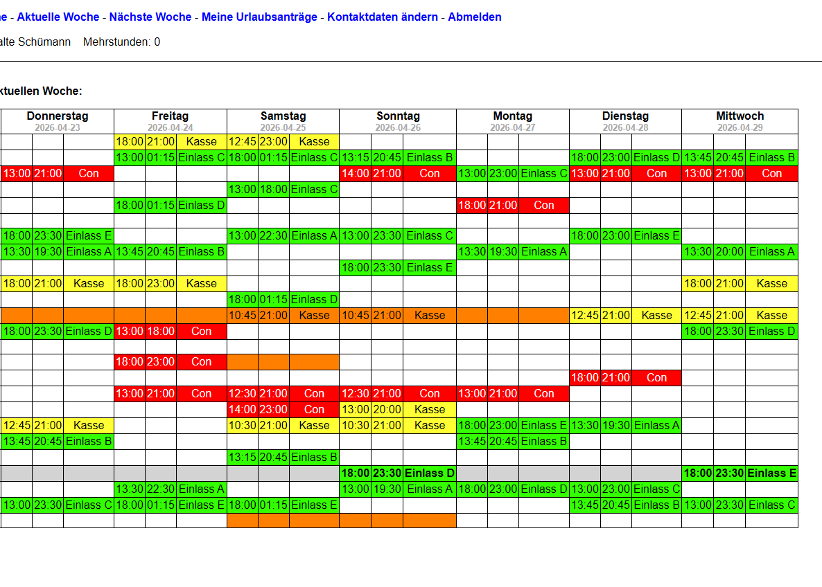 Old spreadsheet-like shift planning view with colored cells
