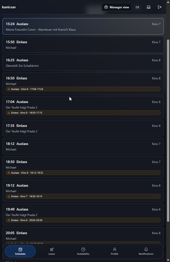 Kumi employee mobile schedule list with upcoming cinema tasks and warnings