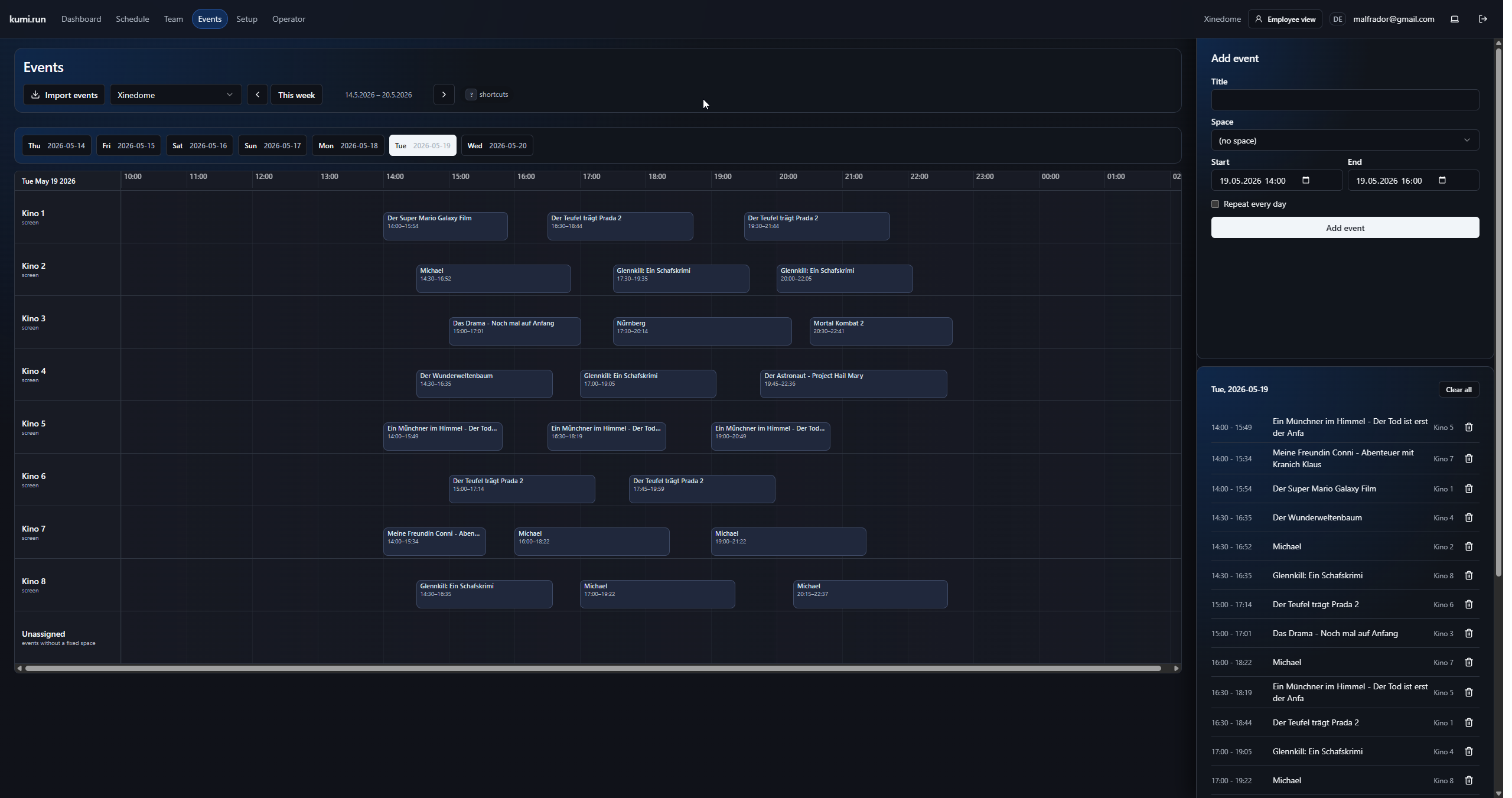 Kumi event import view with cinema screenings on a timeline and event list sidebar