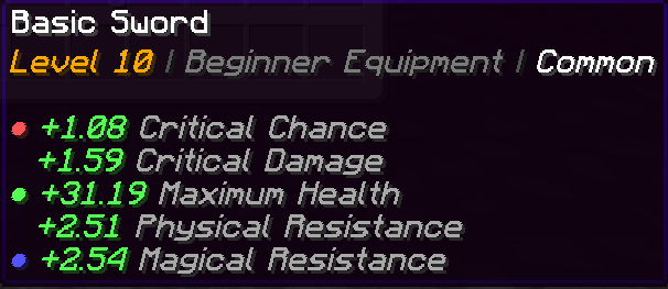 Minecraft item tooltip showing an RPG sword with level, rarity, and generated stats