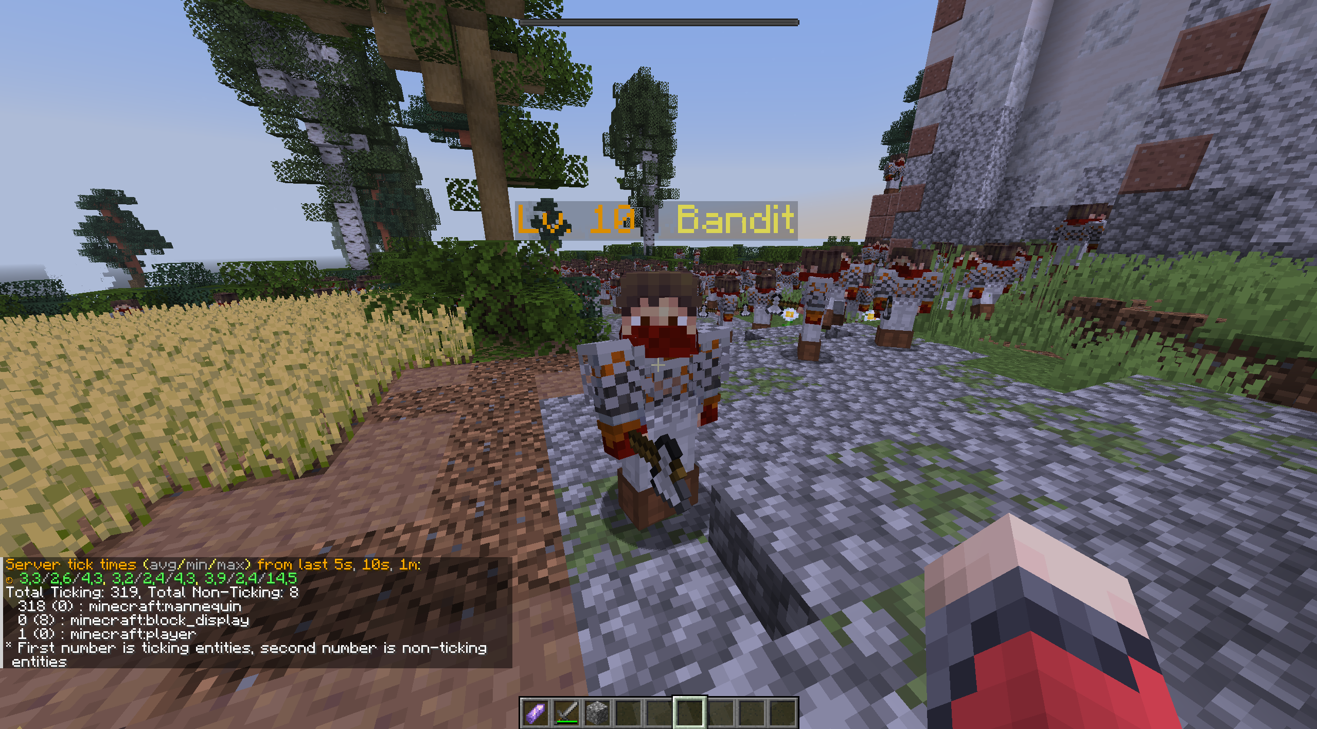 Minecraft performance test with roughly 300 attacking NPCs and server tick timing overlay