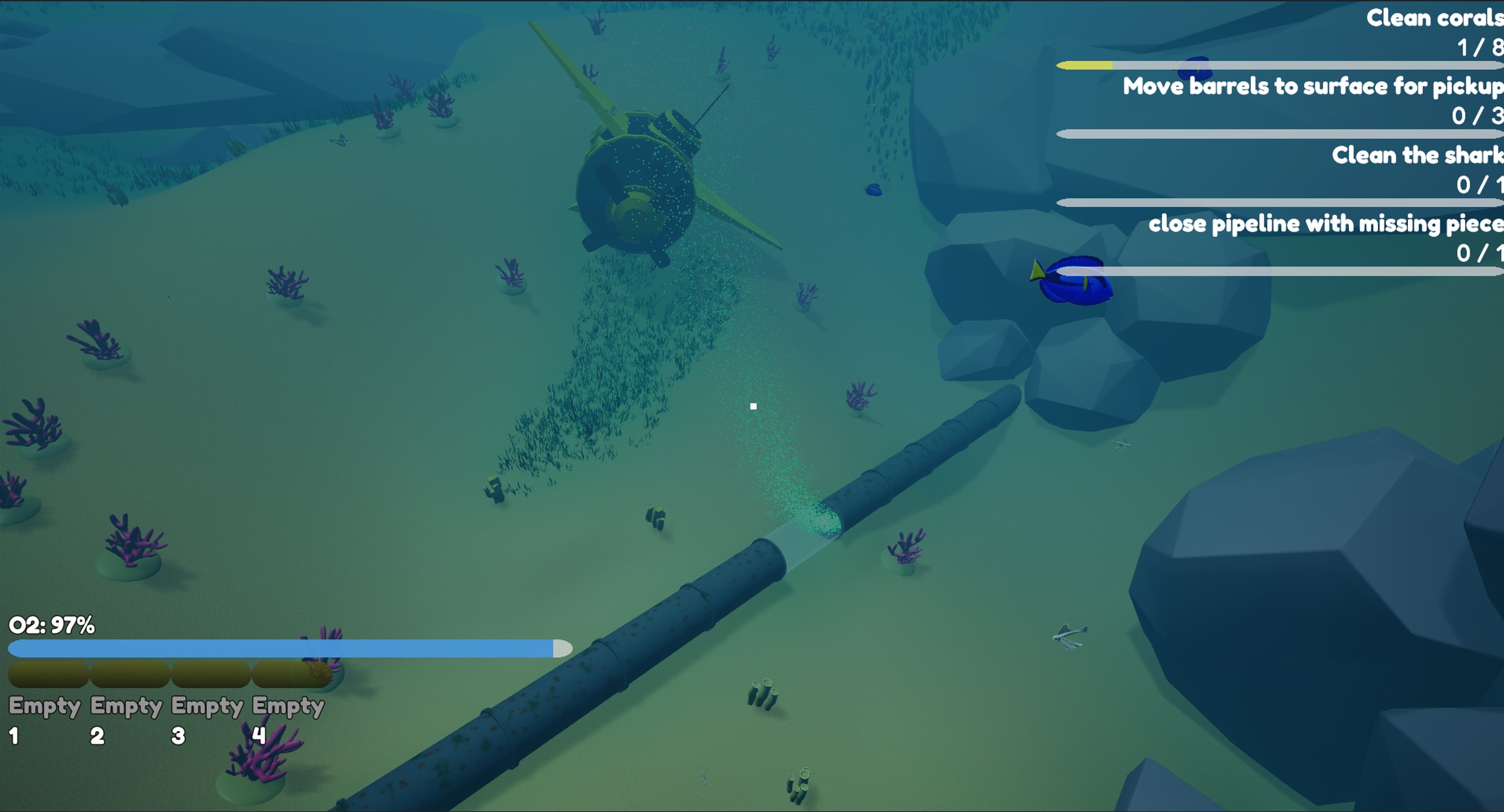 Vogglenauts underwater gameplay with cleanup objectives and player tools