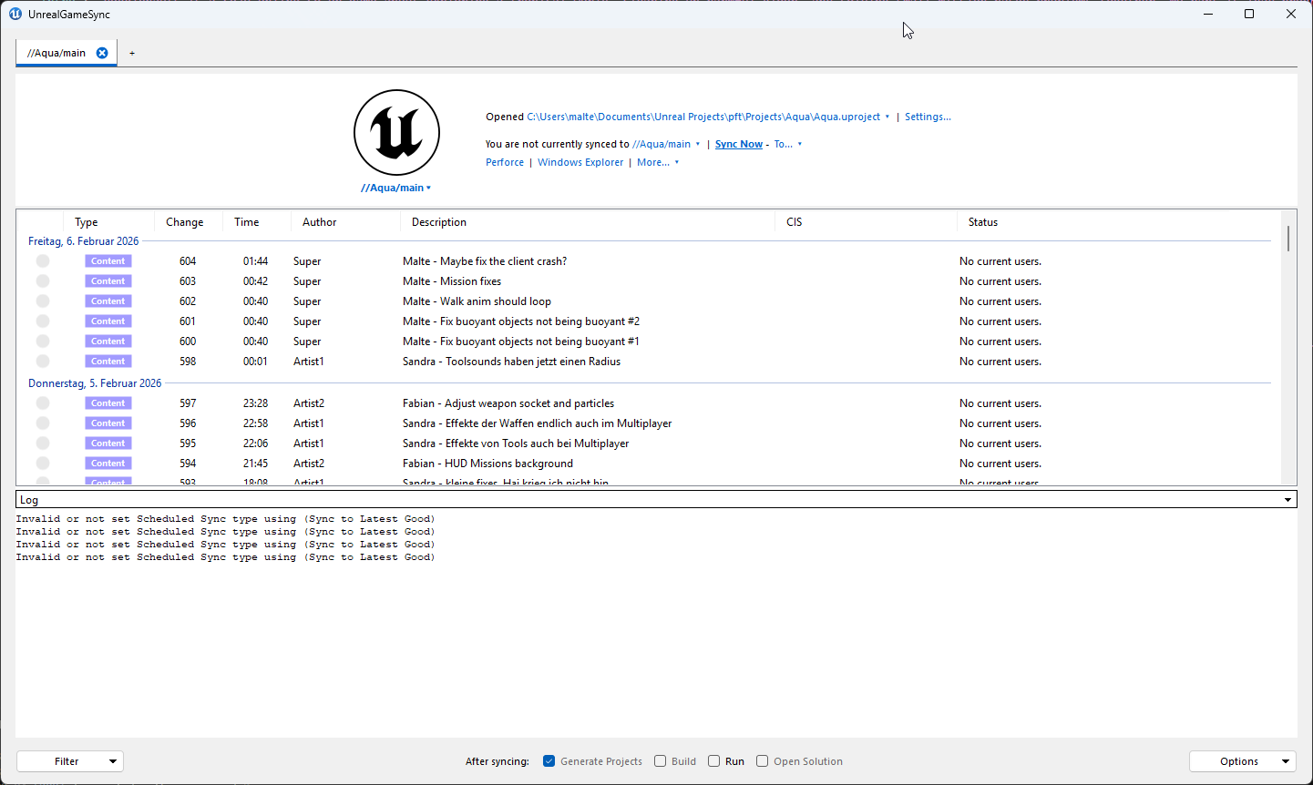 UnrealGameSync showing Vogglenauts project changelists and sync status